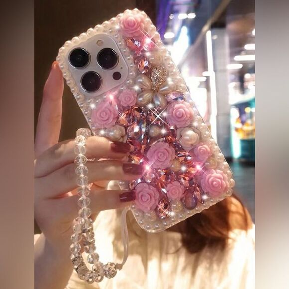 Pink Rose Pearl Crystal iPhone 16 Pro Max Case - Picture 2 of 4